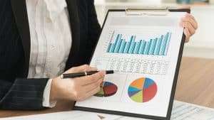 Pessoa mostrando gráficos de resultados. Imagem ilustrativa para texto Programa de Integridade.