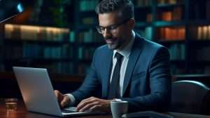 Homem em terno trabalhando em seu notebook tentando descobrir o que é Sintegra.