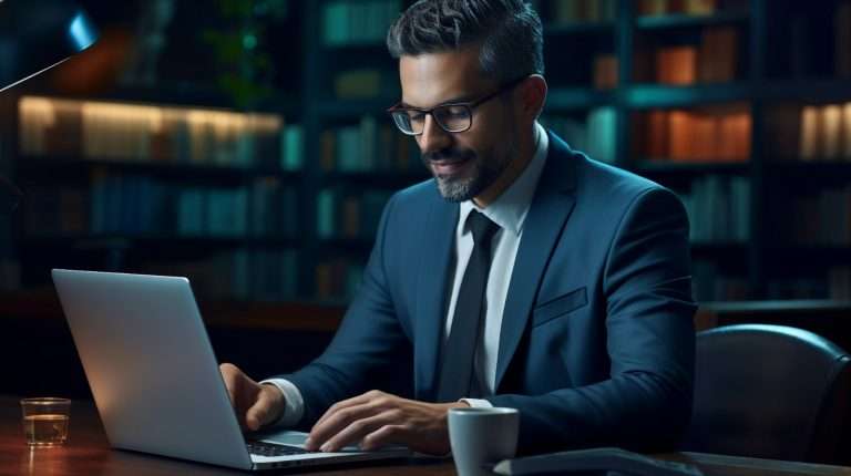 Homem em terno trabalhando em seu notebook tentando descobrir o que é Sintegra.