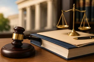 Balança da justiça, martelo judicial e livro jurídico representando a Lei 8666 e as regras das licitações públicas